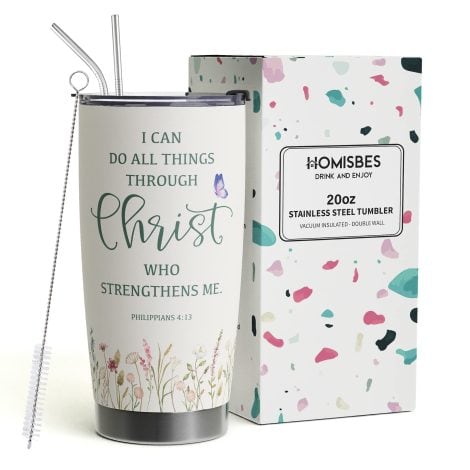 Christian-themed travel mug with Bible verse, featuring durable stainless steel design, perfect for American women.