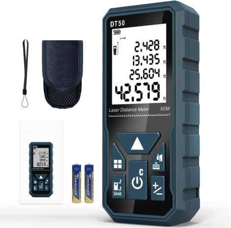 Portable, Shockproof Laser Distance Meter with 165ft Range, Backlit LCD, and 4-Line Display for Easy Measurements.