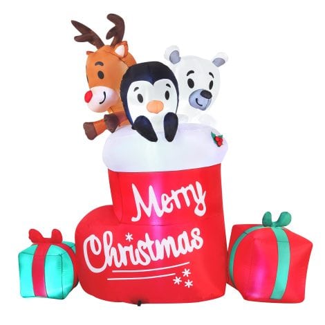 Celebrate the holidays with a vibrant 6-foot inflatable Merry Christmas Stocking featuring a cute penguin and LED lights! Perfect for your outdoor winter decor.