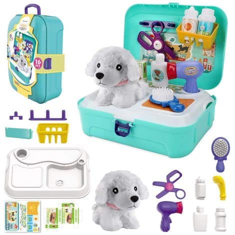 TEUVO’s Pet Care Play Set Doctor Kit includes 16 pieces to let kids play as vets and groomers. Perfect for ages 3-7.