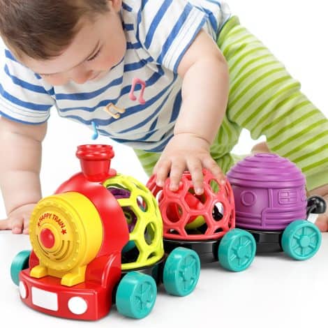 Baby car toys for infants aged 6-12 months, includes train, soft cars, and musical truck. Great development gift!