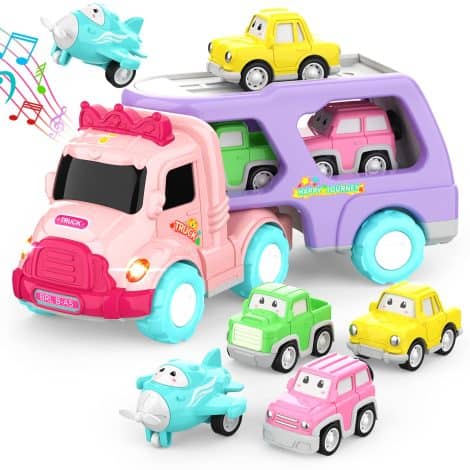 Pink 5-in-1 Toy Truck with Friction Power, Light & Sound for 1, 2 & 3-year-old girls. Perfect birthday gift.