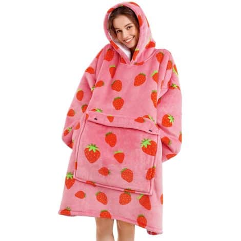 Narecte Strawberry Blanket Hoodie: Comfy hooded sweatshirt to keep you cozy; perfect gift for women, sisters, and teens.