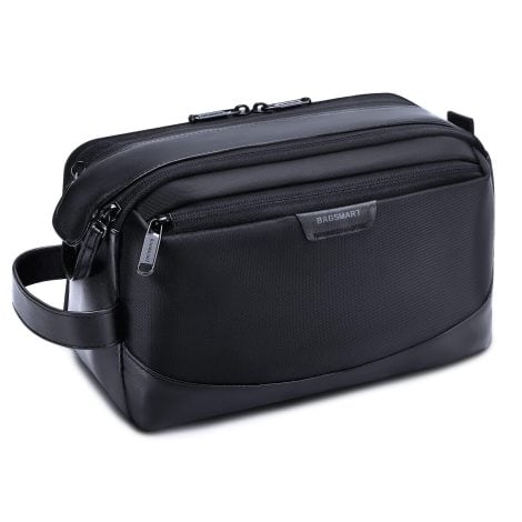 Large water-resistant black toiletry bag for men, perfect for organizing and carrying toiletries during travel.