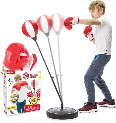 Whoobli Punching Bag for Kids with Boxing Gloves – adjustable stand, ideal for 3-10-year-olds, perfect boxing set for boys and girls.