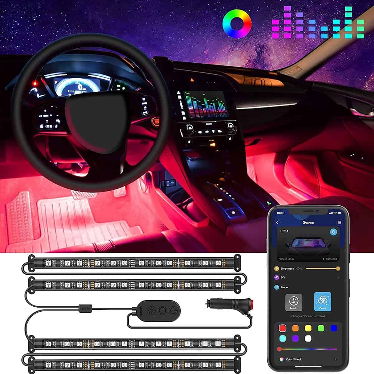 Govee Car LED Lights, Smart Interior Lights with App Control, RGB Inside Car Lights with DIY Mode and Music Mode, 2 Lines Design for Cars with Car Charger, DC 12V