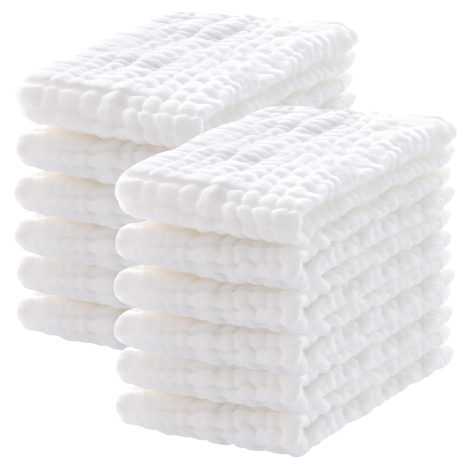 12-pack of large, absorbent, and soft white cotton muslin burp cloths for your baby.