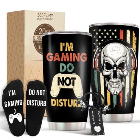 Valentine’s Day presents for your gamer partner: guy-friendly gamer gifts bundle with a 20oz tumbler, couple keychain and fun socks.