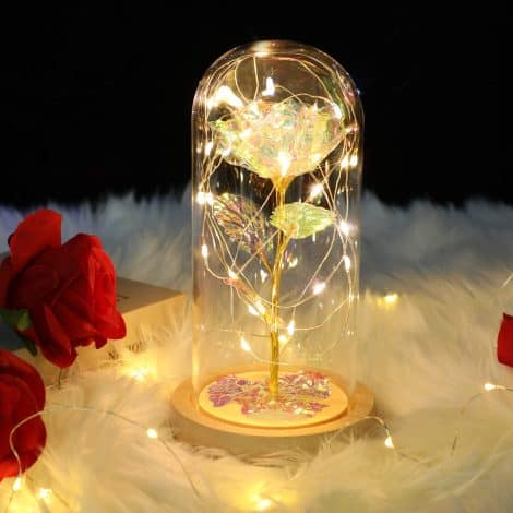 Colorful LED Lighted Galaxy Rose in Glass Dome, perfect gift for women, ideal for special occasions.