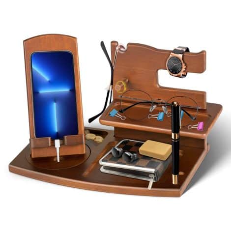 Gifts for men: a wooden phone docking station, key wallet stand, watch holder, and more. Perfect for Christmas!