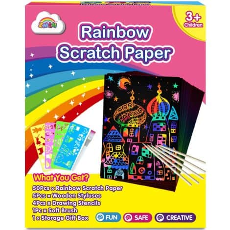 ZMLM Rainbow Magic Scratch Paper Art Set, 60 Pcs, perfect for kids’ crafts and as gifts.