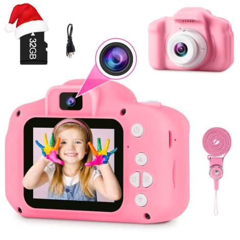 Pink GKTZ Camera Toys: Capture fun memories with this 12MP Kids Selfie Camera, perfect for ages 3-8. Includes 32GB SD Card.