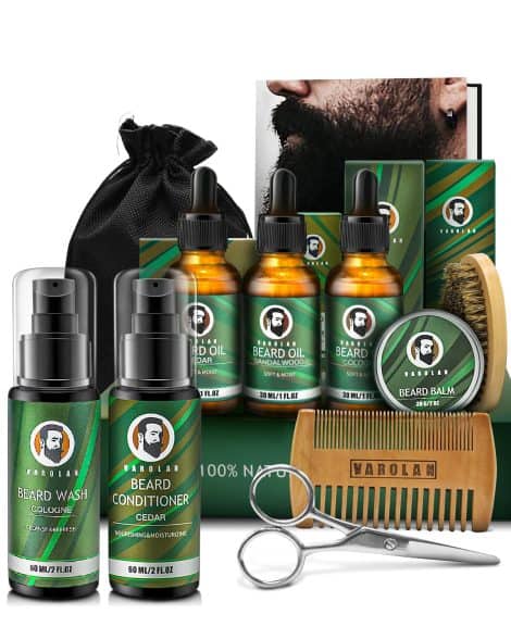 Beard Grooming Set: All-in-one care kit with oil, conditioner, brush, comb, scissors; perfect gift for men.