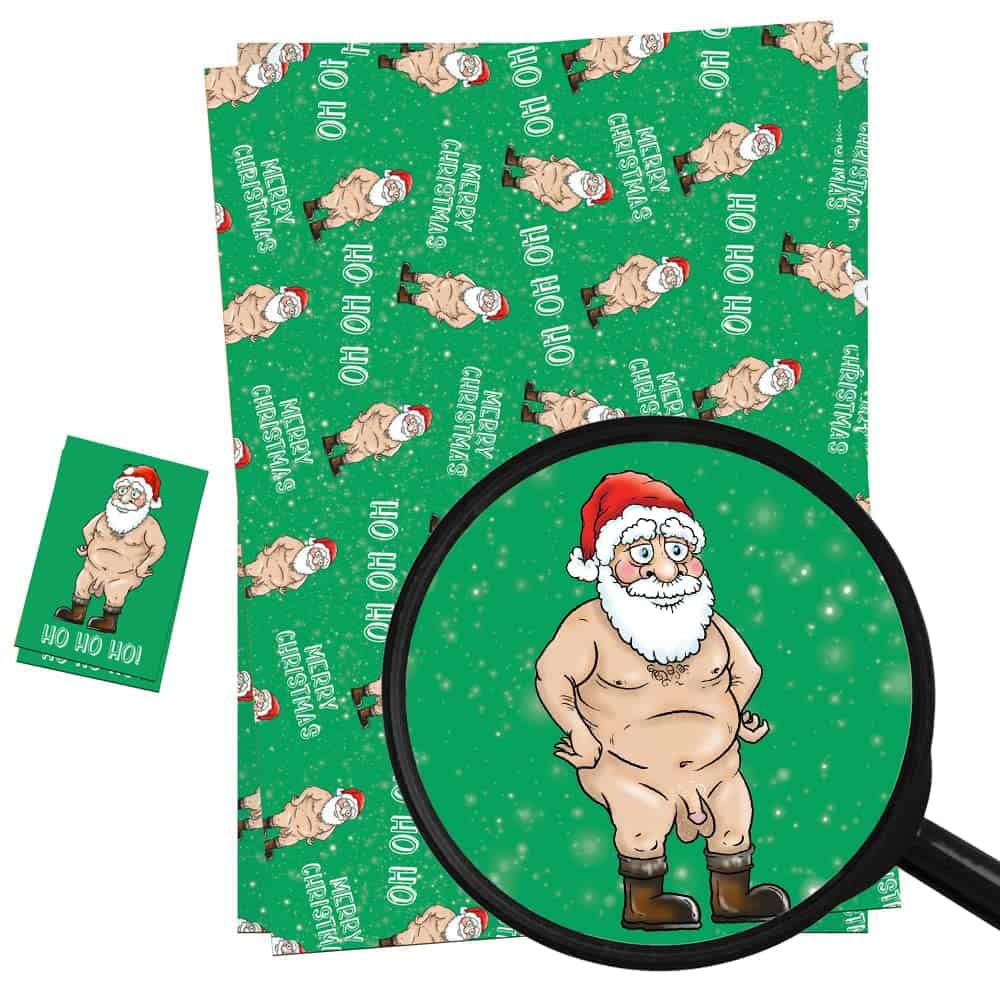 Christmas Wrapping Paper Sheets + Gift Tags (Pack 2) Funny Rude Novelty Naked Santa Design For Men & Women