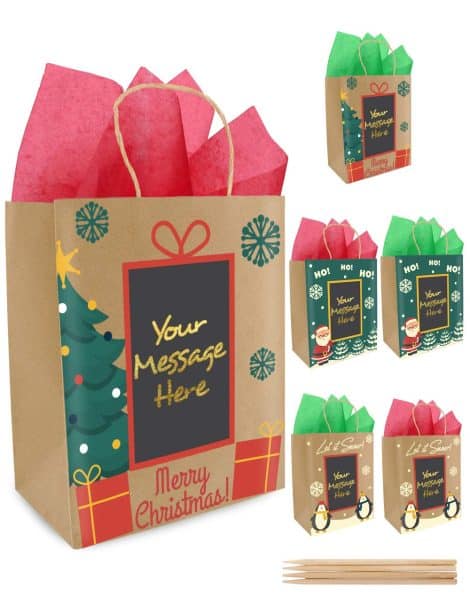 Get 6 personalized Christmas gift bags, with tissue paper, in cool kraft designs – perfect for presents!