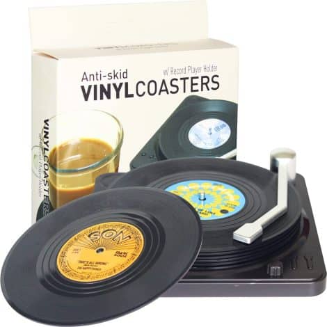 Set of 6 vintage record coasters with music player holder, perfect for music enthusiasts. Great gift idea!