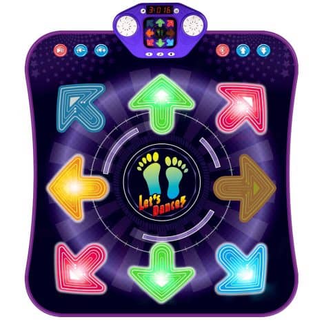 Light-up dance mat toy with 8 buttons, 7 game modes, Bluetooth, built-in songs, perfect gift for young girls.