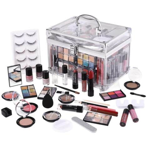 Complete makeup set for beginners – includes eyeshadow, lipstick, blush, contour, highlighter, pencil, false lashes, and more. Perfect gift!