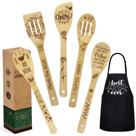 Customized holiday presents for Mom from your child – Funny apron kitchen set featuring wooden cooking spoons.