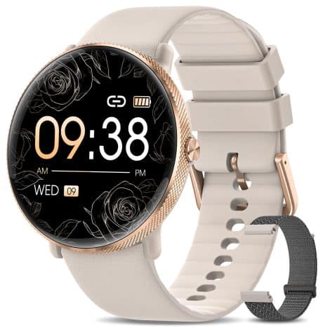 Stylish SWGOTA women’s smartwatch with 1.39″ always-on display, Bluetooth call, heart rate, blood pressure, and sleep monitoring. Waterproof for Android/iPhone, plus 110+ sports modes.