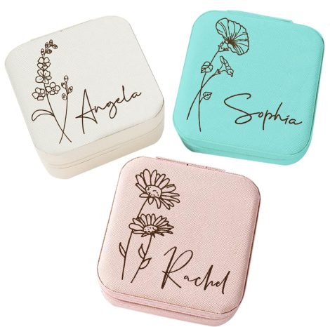 Personalized Women’s Jewelry Box: Customizable Travel Case with Name, Birth Flower, and Compartments for Rings, Earrings, Necklaces. Thoughtful Gift.