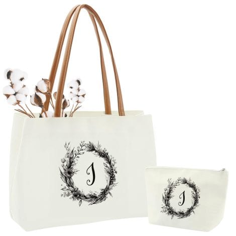 Customized Initial Canvas Tote with Inner Pocket, Monogrammed Makeup Bag – Perfect Personalized Birthday Gifts for Women: Moms, Teachers, Friends! Only $20.