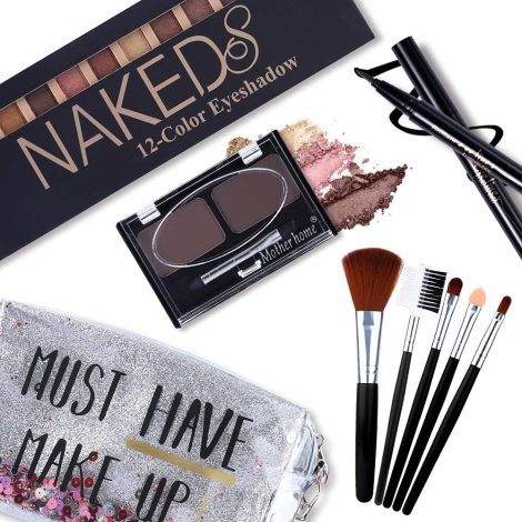 Complete Makeup Set: 12 Natural Shimmer Eyeshadows, Smudge-proof Eyeliner, Brow Kit, 5 Brushes & Luxury Cosmetic Bag.