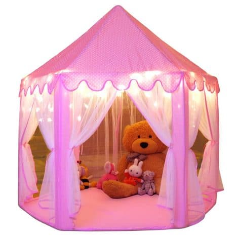 Large playhouse castle tent for girls with star lights, perfect for indoor and outdoor games. (55” x 53”)