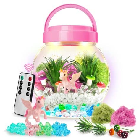 Unicorn-themed arts and crafts set, complete with a glowing rainbow terrarium, perfect for girls aged 4-12.