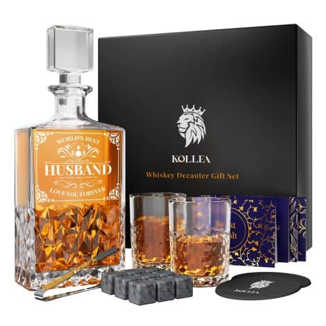 Whiskey Decanter Holiday Gift Set for Husband – Kollea Liquor Set with Glasses, Whiskey Stones, & Gift Card. Special Personalized Present for Him.