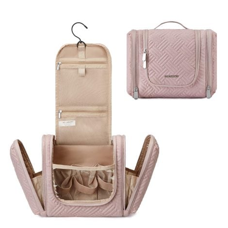 Pink-Medium BAGSMART Travel Toiletry Bag for Women conveniently organizes cosmetics, toiletries, and accessories with a hanging hook.