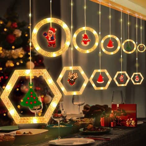 Christmas-themed LOLStar Window Lights: 100 warm white LED string lights with 8 light modes, remote control, USB powered. Perfect for holiday decorations.