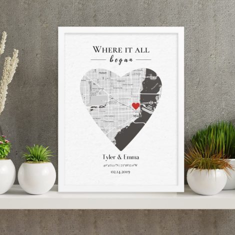 First Memories Map – Personalized wall art celebrating the special locations that hold sentimental value for couples.