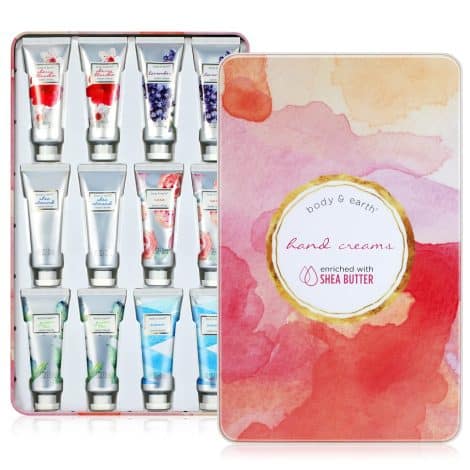 Travel-friendly set of 12 hand creams infused with shea butter to moisturize dry hands. Perfect Valentine’s gift.