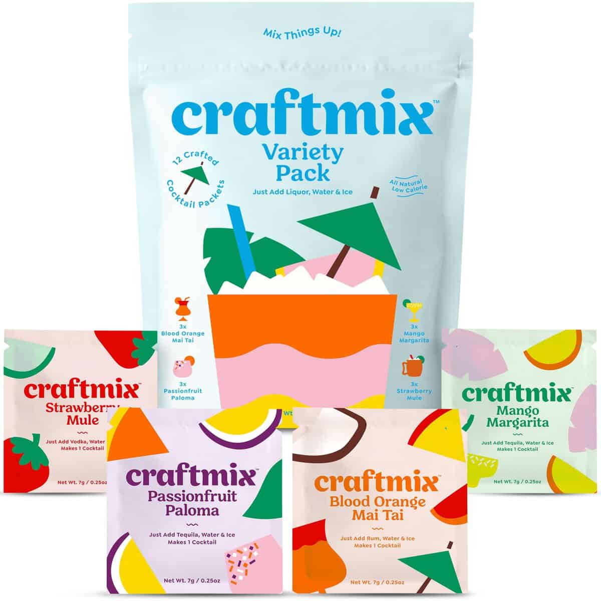 Craftmix Variety Pack, Makes 12 Drinks, Skinny Cocktail Mixers, Mocktails Non-Alcoholic Drinks - Made With Real Fruit - Vegan Low-Carb, Low-Sugar, Non-GMO, Dairy Free, Gluten Free, Easy to Mix