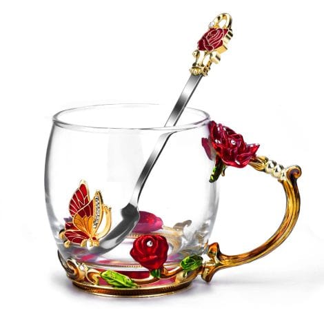 Gifts for Mom – a beautiful glass coffee mug with butterfly and rose design, perfect for Mother’s Day.