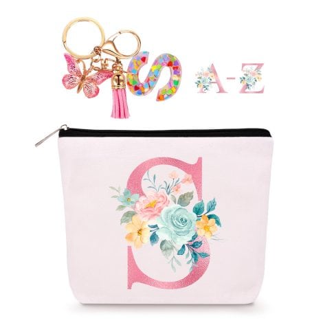 Lingdeer Initial Makeup Bag Set: Personalized pouches with keychain, perfect for gifting women, girls, teachers, and bridesmaids.