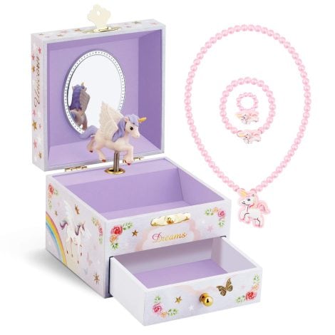 RR Round Rich Design Musical Jewelry Box for Girls with Drawer and Jewelry Set featuring Brave Unicorn – Lovely Dreamsong – Purple