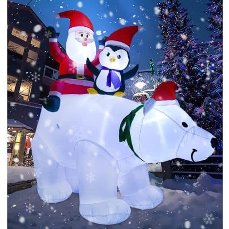 7-foot Artiflr Christmas inflatable polar bear, Santa Claus, and penguin decoration for holiday parties and yard décor.