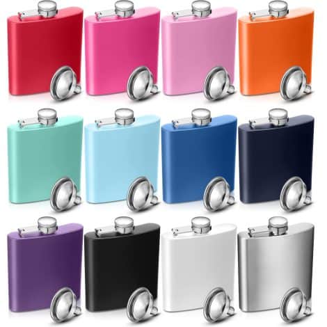 Colorful 8 oz Stainless Steel Flask Set – 12 flasks, 12 funnels for alcohol; perfect gift for parties, weddings, birthdays.