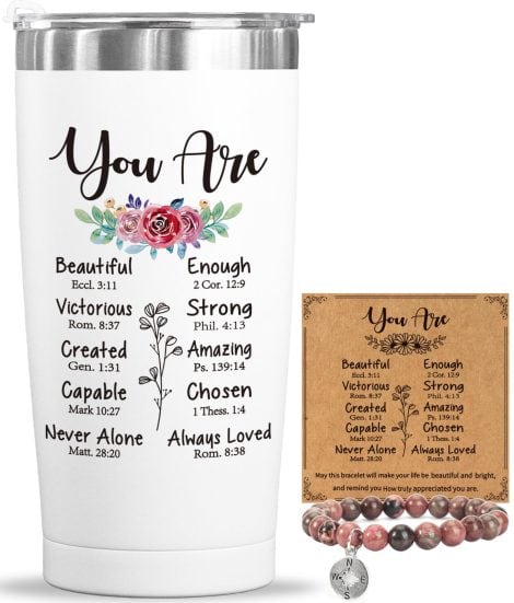 Christian-themed birthday and Christmas gifts for women, featuring inspirational and spiritual designs. Comes in a 20 oz tumbler.