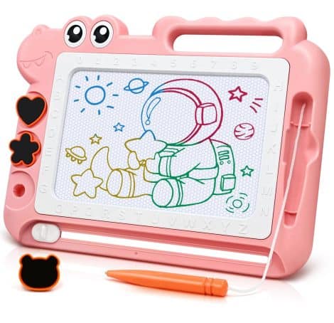 Magnetic Drawing Board, a pink educational toy for 2-4 year old boys and girls, great for travel.