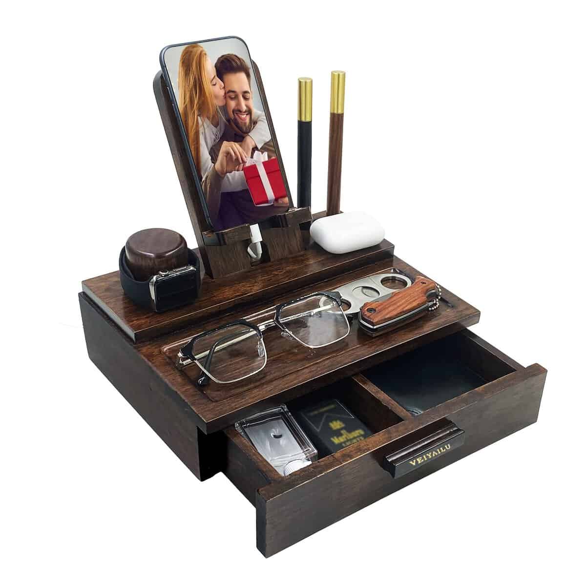 VEIYAILU Gifts for Husband Boyfriend Son Boss Him Men - Wood Phone Docking Station includes 2 Wood Gift Pens - Gift Ideas for Birthday, Anniversary, Father's Day, Christmas, and Valentine's Day