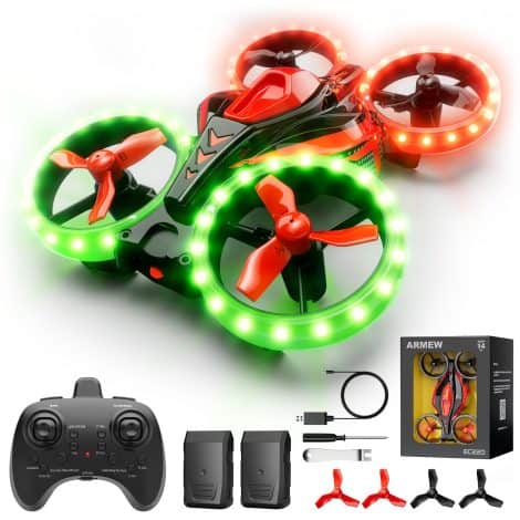 Kids’ mini drone with 12 light modes, 3D flip, circle fly, 3 speed modes, altitude hold, 2 rechargeable batteries. Perfect Christmas gift!