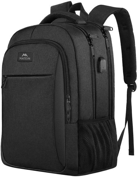 Black MATEIN Laptop Backpack for Men and Women: Ideal for work and college, with USB charging port.