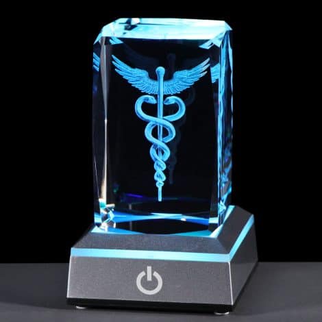 3D Crystal Caduceus Figurine with Light Base, Ideal Gift for Medical Students and Professionals.