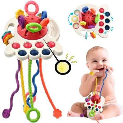 Soft interactive toys for babies and toddlers, perfect for travel and development, suitable for 6-12 months.