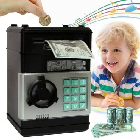 Black HKHDICL ATM Piggy Bank Toy for Kids 5-11. Electronic Password Money Box. Perfect Birthday Gift for 4-12-year-old boys and girls.