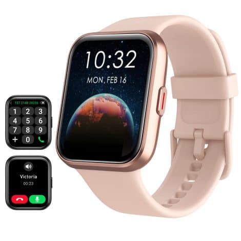 Tensky Smartwatch: Stylish pink watch with call, dial feature, Alexa, fitness tracking, sleep monitoring, 100 sports modes, and water-resistant.