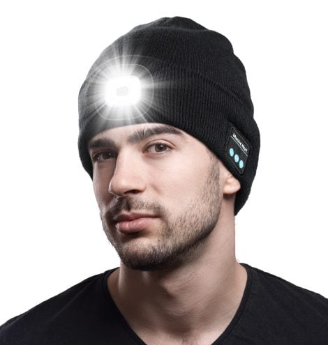 Black Bluetooth beanie with built-in light and wireless headphones, perfect for outdoor activities. Great Christmas stocking stuffer for men.